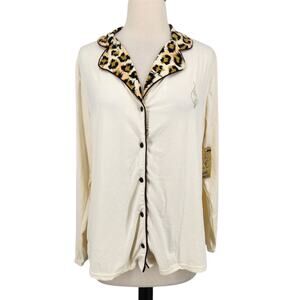 NWT Baby Phat Pajama Top Cream Leopard Collar Button Front Size Large (Top Only)